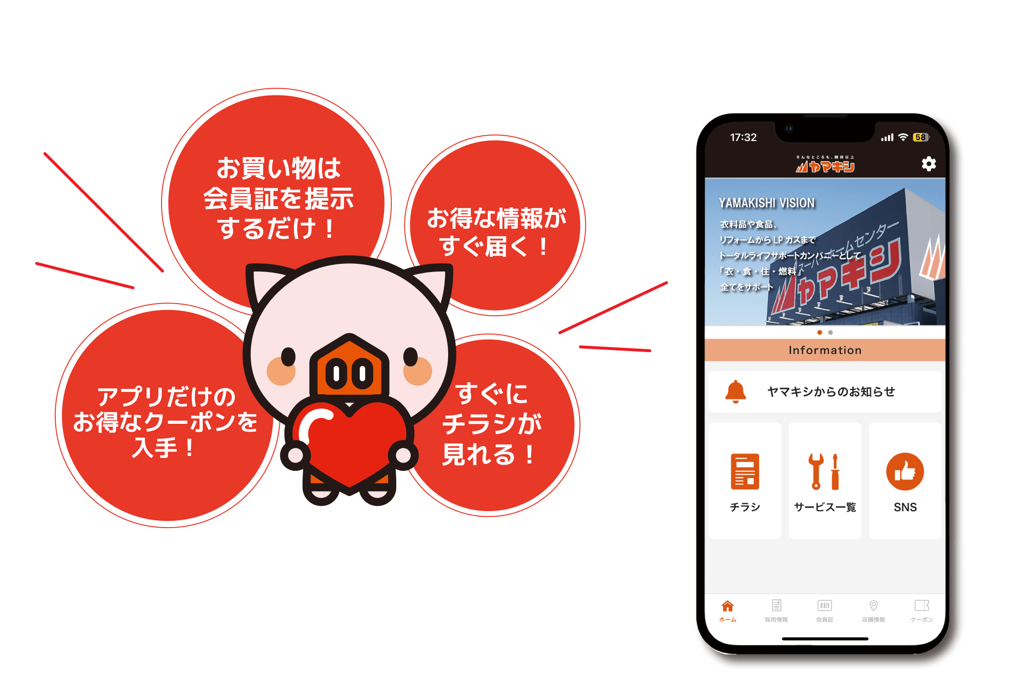 ヤマキシアプリはじめました！お買い物は会員証を提示するだけ！お得な情報がすぐ届く！アプリだけのお得なクーポンを入手！すぐにチラシが見れる！